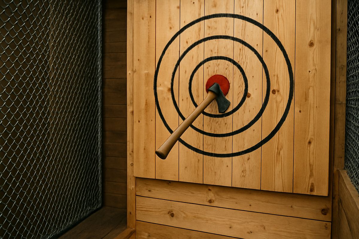 Axe stuck in wooden target bullseye